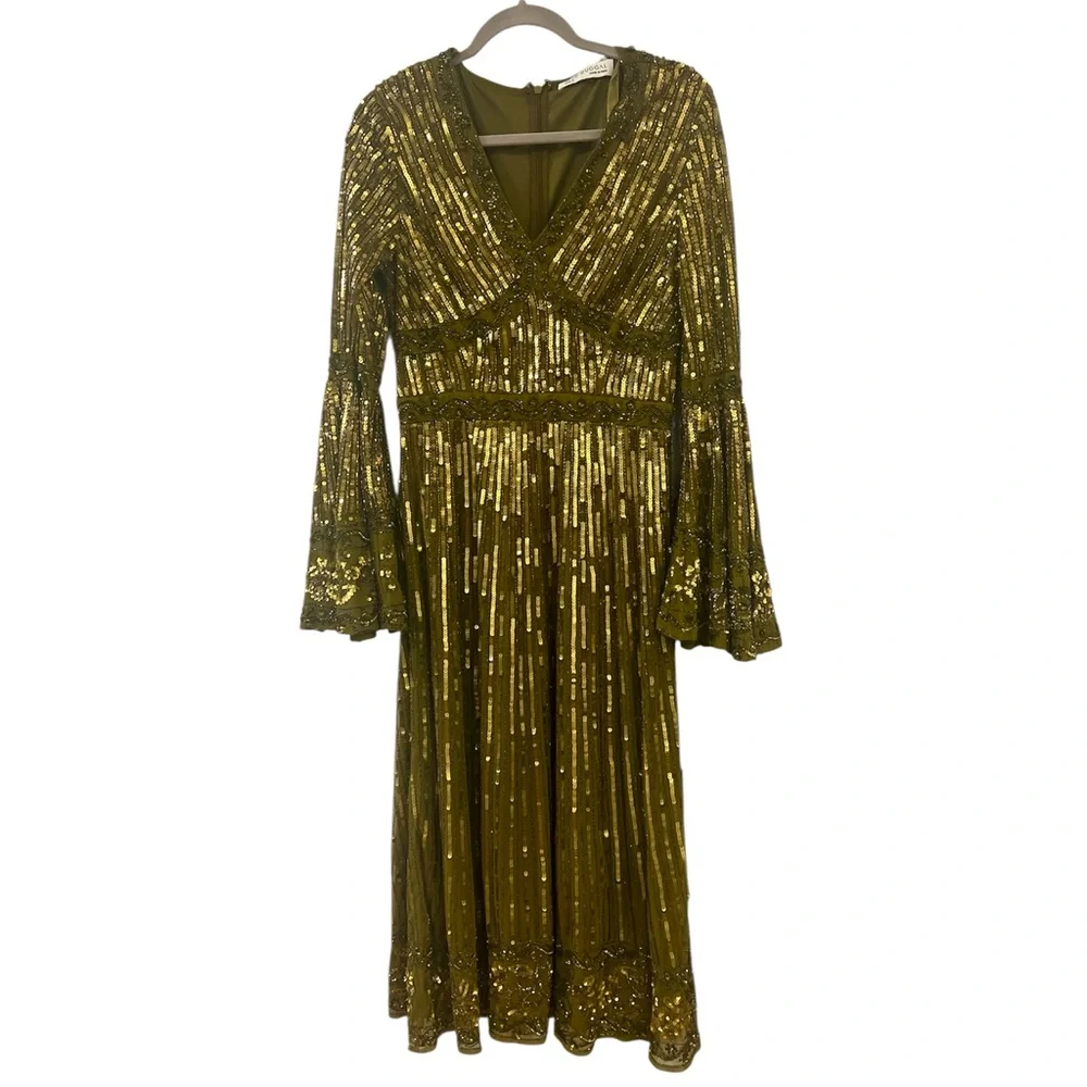 Mac Duggal Green Embellished 3/4 Sleeve V Neck A Line Dress Size 6 - Picture 9 of 11